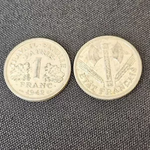 2 France 1 Franc 1943 & 1942 Francisque Petain Vichy State Aluminium Coin - Picture 1 of 9
