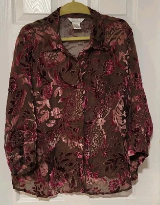 Blusa Velvet Burnout Botão Up Tamanho 1X Transparente Borgonha Whimsigoth Boho - Imagem 1 de 4