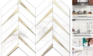 -Sheet Herringbone Tile Peel and Stick Backsplash, 10 White Marble Mixed Gold - Picture 1 of 7