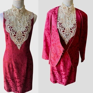 Vtg 80s Brocade Whimsigoth Lace Trim With Asymmetrical Blazer Sheath Dress Set 8 - Picture 1 of 18