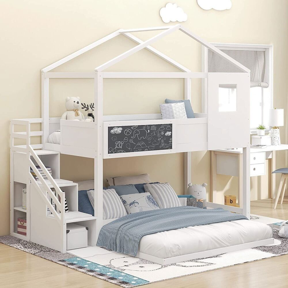 Twin Over Full House Bunk Bed Frame with Storage Staircase & Blackboard Kid Teen