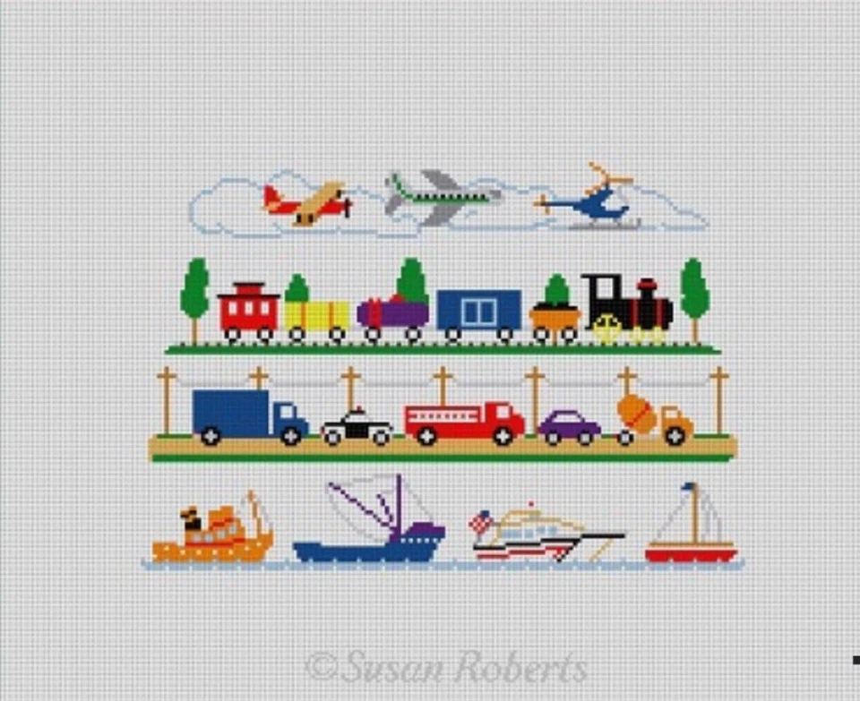 TRAINS BOATS AIRPLANES Handpainted Needlepoint Canvas By Susan Roberts - Image 1 of 1