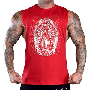 Men's White Virgin Mary Red T-Shirt Tank Top Gym Workout Fitness Catholic Tee - Picture 1 of 3