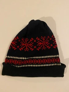 Cappello berretto invernale fatto a mano fiocco di neve blu scuro rosso maglia pull on nonna vintage - Foto 1 di 6