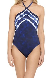 Lauren Ralph Lauren Halter Tummy-Control One-Piece Blue Shoreline, Size 8, $150 - Picture 1 of 4
