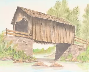 SIGNED ORIGINAL WATERCOLOR PAINTING OF OLD COVERED BRIDGE QUICK CREEK OREGON - Picture 1 of 8