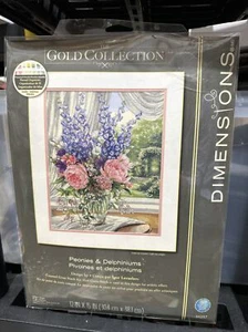 Dimensions 'Peonies and Delphiniums' Floral Counted Cross Stitch Kit 18 12"×15" - Picture 1 of 2