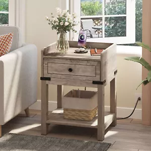 Farmhouse End Table Beside Table Nightstand with Storage Shelf Charging Station - Picture 1 of 11