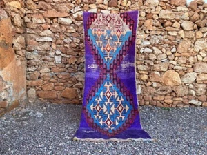 Marokkanischer Handgeknüpfter Vintage Teppich 2'6x7'3 Tribal Geometrisch Berber Baumwolle Schlafzimmerteppich - Bild 1 von 10