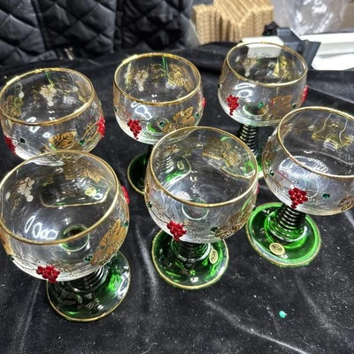 (6) COPAS DE VINO DE COPA ARCOROC VERDE CON UVAS DE DIAMANTES DE IMITACIÓN, HECHAS EN ALEMANIA Foto 1 de 4