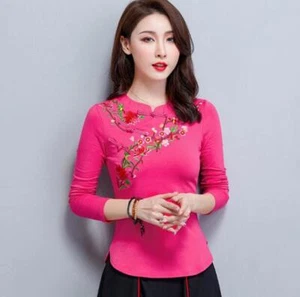 Frühling/Herbst chinesischer Stil Stickerei Frauen Baumwolle T-Shirt Slim Tops Bluse Geschenk - Bild 1 von 17