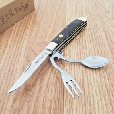 Elk Ridge Hobo Knife Fork & Spoon 3 ¼" Stainless Blade Wood Handle Bottle Opener