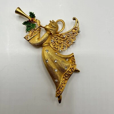 Signed JJ Jonette Christmas Pin Angel ￼Trumpet Brooch Gold Tone Vintage - Image 1 of 4