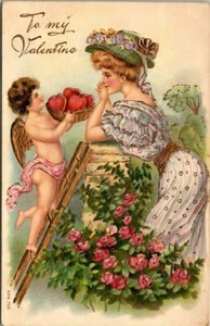 TO MY VALENTINE - CHERUB DELIVERS HEARTS -1909 EMBOSSED POSTCARD - Picture 1 of 2