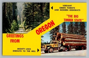 Tarjeta postal de saludos desde Oregon o bosques carretera camión tala árboles años 50 - Imagen 1 de 2
