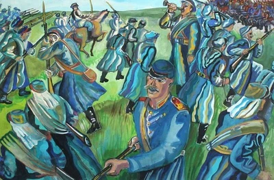 Tableau ancien à la gouache expressionniste scène de bataille - Photo 1/4