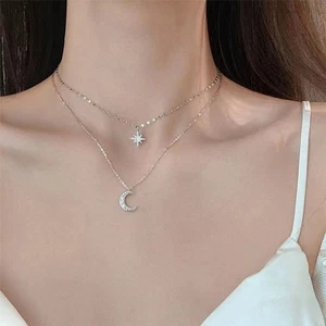 Markantes doppellagiges Collier mit Mond- und Diamantverzierungen - Picture 1 of 6