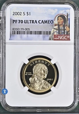 2002-S NGC PF70UCAM PROOF SACAGAWEA DOLLAR DEEP CAMEO PR 70 - Image 1 of 2