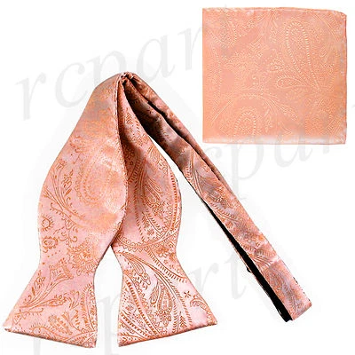 New Men's 100% Polyester Paisley Formal Self-tied Bow Tie & hankie set Peach - Image 1 of 3