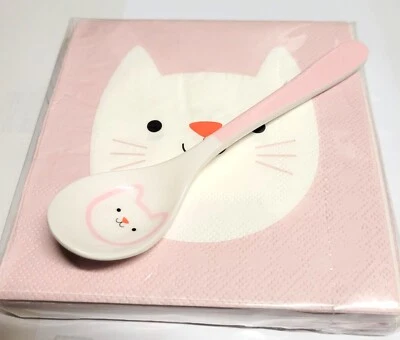 Löffel kurz Melamin Rosa weiß Katze Pink Kunststoff + Servietten Rex Katzenmotiv - Bild 1 von 4