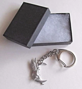 F) KEYRING PEWTER FAIRY SITTING ON A MOON MYTHICAL BEING FOLKLORE SPIRIT DREAMS - Picture 1 of 3