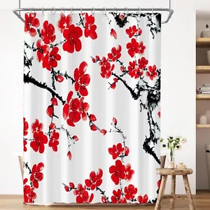 Red Floral Blossom Shower Curtain for Bathroom 72W*72H Inch Plum Asian Japane... - Picture 1 of 7