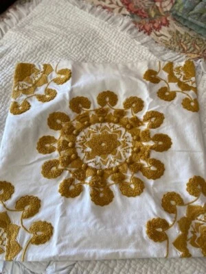 Pottery Barn 20” Square Pom Pom Medallion Embroidered Pillow Cover Gold - Image 1 of 4