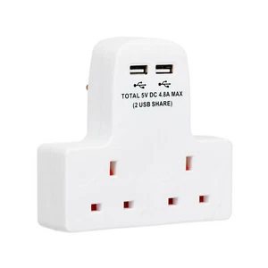 2 Way Gang Plug 13A Wall Socket Adaptor 2x USB Charge Ports 2.4A - Picture 1 of 2
