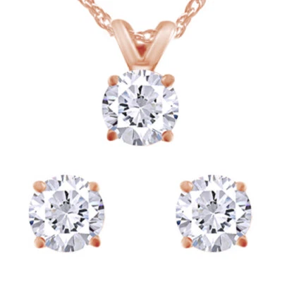 Conjunto de collar solitario y aretes de diamantes reales de oro rosa de 14 quilates de 3/4 quilates Foto 1 de 2