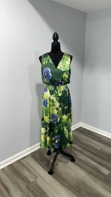 White House Black Market high low long dress green floral satin women’s size 6 - Image 1 of 4