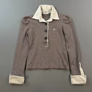 Thomas Burberry Polo Shirt Women's Small Brown Striped Long Sleeve Stretch - Picture 1 of 16