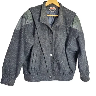 Casaco bombardeiro vintage anos 80 lã couro salpicado preto botão tamanho médio - Imagem 1 de 4