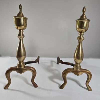 De Colección Latón Andirons Brazos Hierro Fundido Par Extremo Hierros 16x6 Chippendal Alimentado Reina Ana Foto 1 de 4