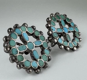 Vtg Frank Dishta Zuni Sterling Silver Channel Inlay Turquoise Earrings Wheel - Picture 1 of 10