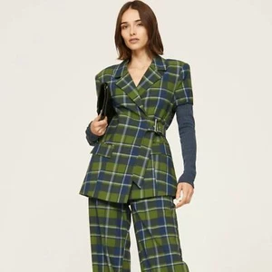 Neu WeWoreWhat Blazer mit Rippärmeln und Gürtel in Basil French Navy kariert Gr. XS - Bild 1 von 9
