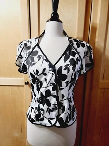 JS Collections Women's Black White Floral Tulip Short Sleeve Button Front Jacket - Picture 1 of 14