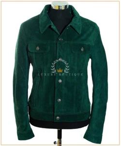 Convoy Green Men's Trucker Casual Biker Real Cowhide Suede Leather Shirt Jacket - Picture 1 of 9