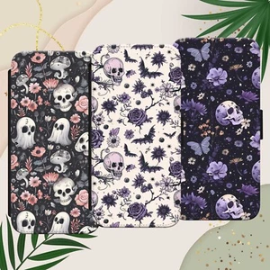 FUNDA DE TELÉFONO BRUJA GÓTICA PATRÓN DE CALAVERA PARA IPHONE SAMSUNG BILLETERA ABATIBLE DE PÍXELES - Imagen 1 de 8