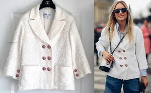 NWT CHANEL 17P WHITE TWEED CC LOGO BUTTONS JACKET 38 - Picture 1 of 22
