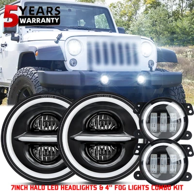 7inch Round LED Headlights+4inch LED Fog Light Combo Fit 2007-2009 Jeep Wrangler - Image 1 of 4