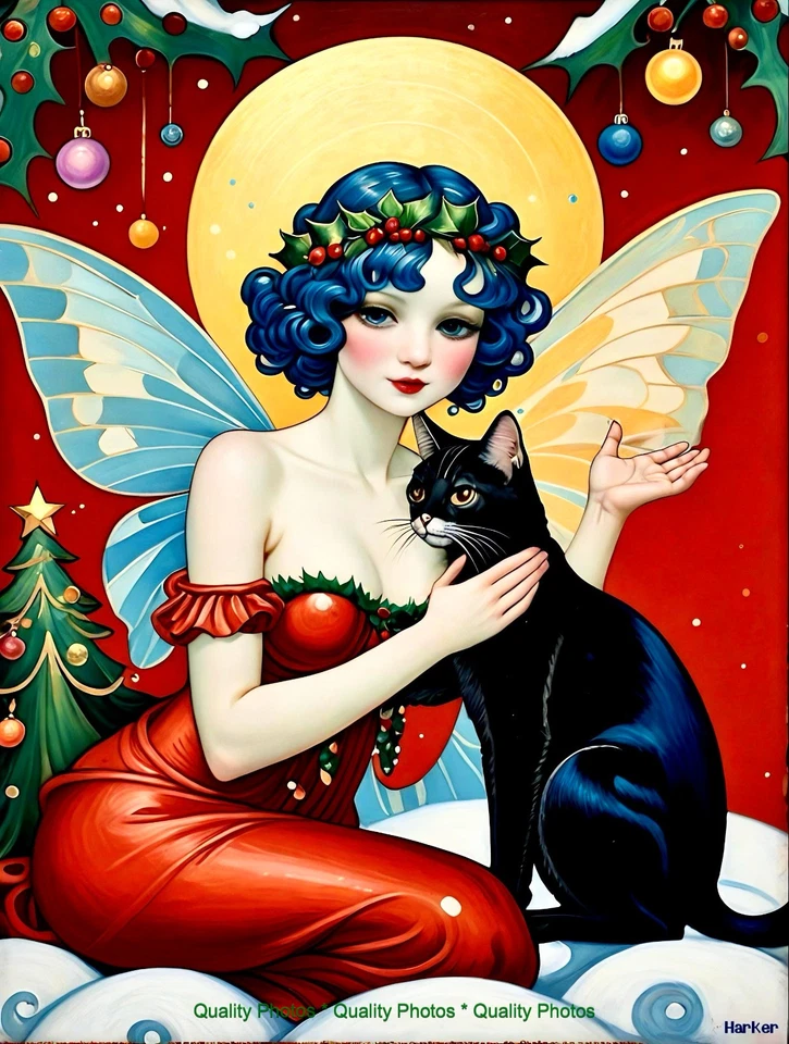 Hada de Navidad en Rojo con Gato 8.5x11" Estilo Impresión Fotográfica G. Klimt / Arte Harker Foto 1 de 1