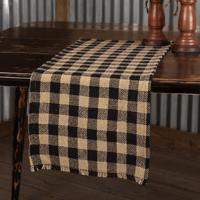 48" Table Runner Black Tan Check Cotton Burlap Rustic Country Farmhouse Fringed - Image 1 of 3