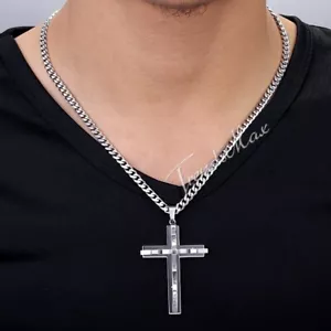 5mm Men's Chain Silver Curb Stainless Steel Cross PENDANT NECKLACE 16-30" Gift - Picture 1 of 13