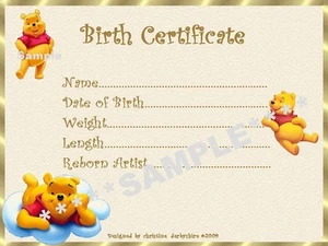 WINNIE THE POOH BIRTH CERTIFICATE/CERTIFICATES REBORN FAKE BABY approx 7" x 5" - Picture 1 of 1