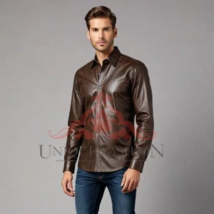 Men's Real Soft Leather Dark Brown Shirt Long Sleeve Plain Front Shirt Slim Fits - Picture 1 of 2