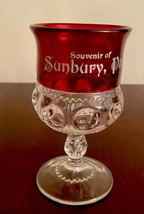 Ruby Stained Thumbprint Etched EAPG Glass Goblet Souvenir Sunbury, Pa 5.5”T - Picture 1 of 7