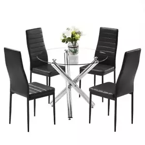 Round Glass Table Set With 4 Upholstered Seat Chairs For Dining Room Heavy Duty - Picture 1 of 7