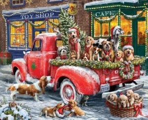 36" X 44" Panel Christmas Wishes Red Truck Puppies Cotton Fabric Panel D410.23 - Picture 1 of 1