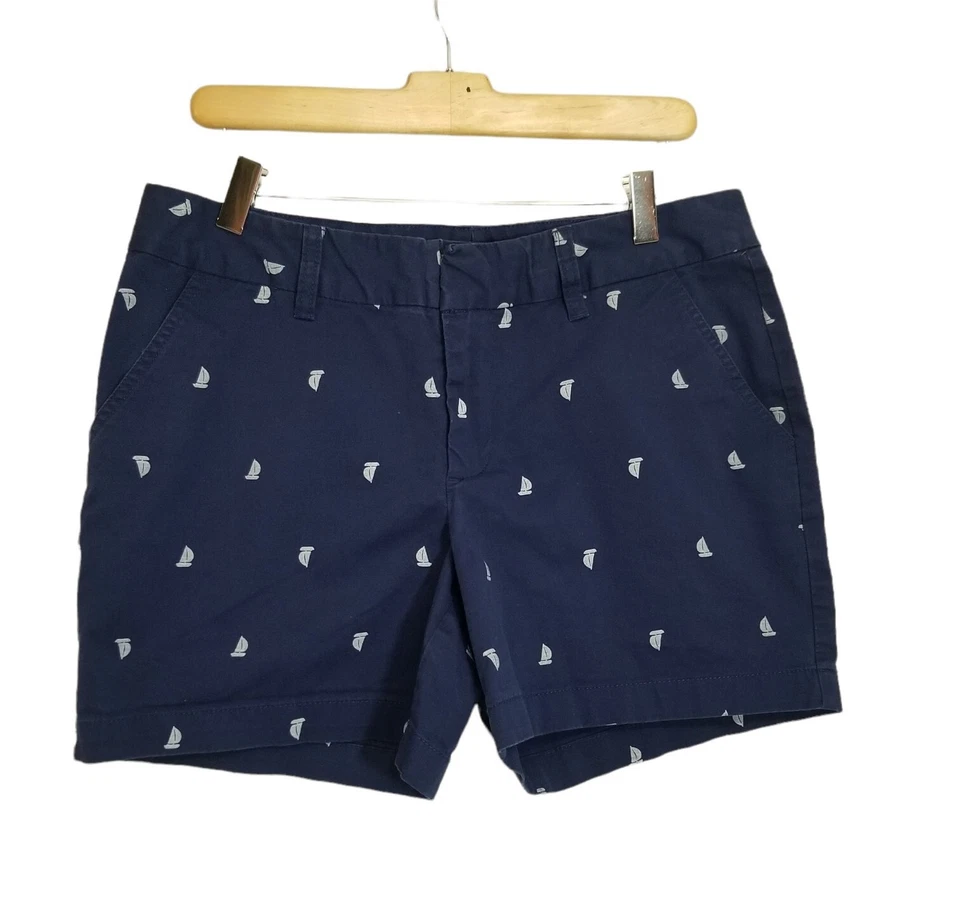 Le Tigre Navy Blue White Sailboats Nautical Mid/High Rise 5" Chino Shorts Sz 10 Foto 1 de 4
