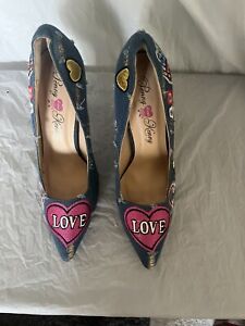 Pre-owned Penny Loves ❤️Kenny Blue Denim Multi Patches Pointy Toe Heels-Size 11M
